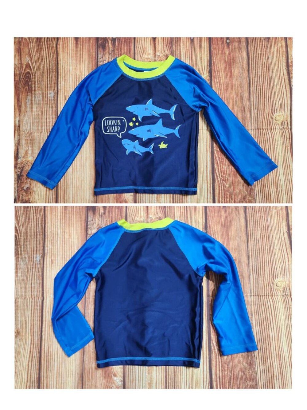 Gerber Kids Toddler Boys 2T Rash Guard Swim Shirt Long Sleeve Blue Shark Sharp